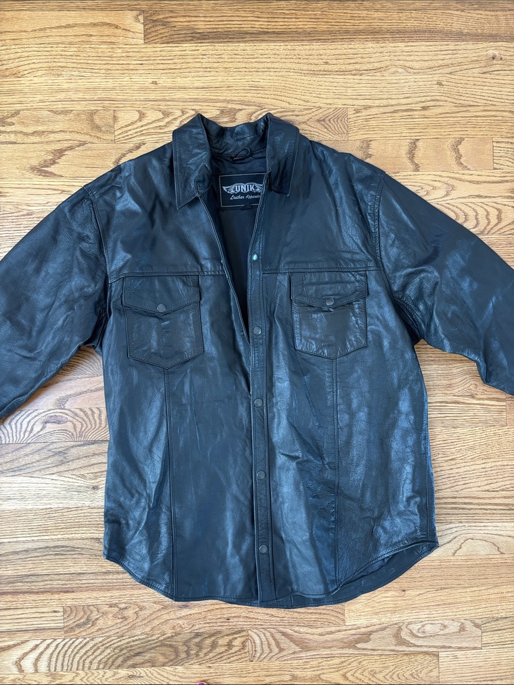 UNK Black Leather Button-Front Men's Jacket with Chest Pockets
